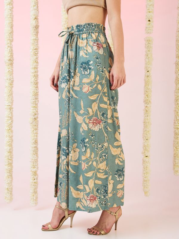 Globus Women Green Floral Print Mid-Rise Elasticated Waist Wide Leg Fusion Palazzos
