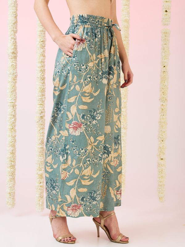 Globus Women Green Floral Print Mid-Rise Elasticated Waist Wide Leg Fusion Palazzos