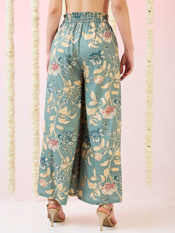 Globus Women Green Floral Print Mid-Rise Elasticated Waist Wide Leg Fusion Palazzos