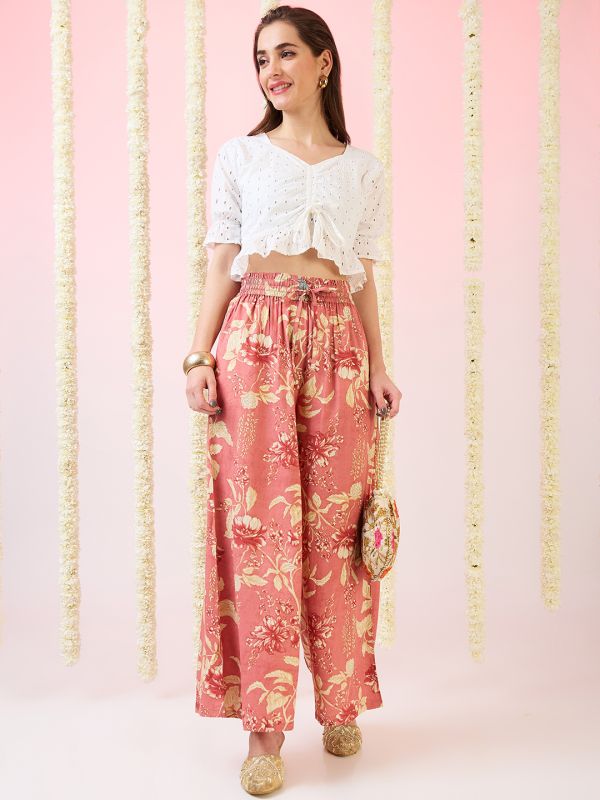 Globus Women Pink Floral Print Mid-Rise Elasticated Waist Wide Leg Fusion Palazzos