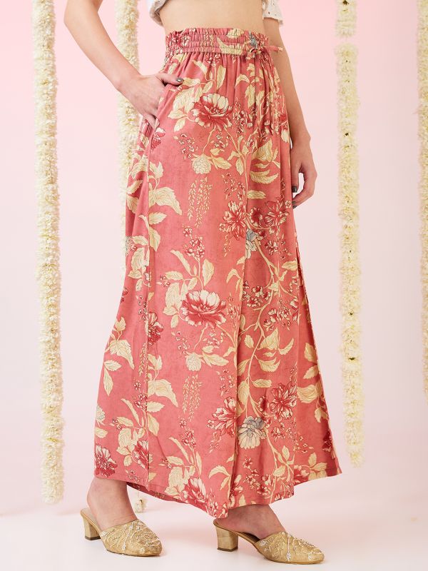 Globus Women Pink Floral Print Mid-Rise Elasticated Waist Wide Leg Fusion Palazzos