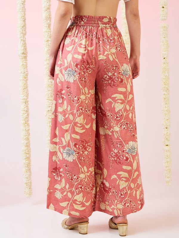 Globus Women Pink Floral Print Mid-Rise Elasticated Waist Wide Leg Fusion Palazzos
