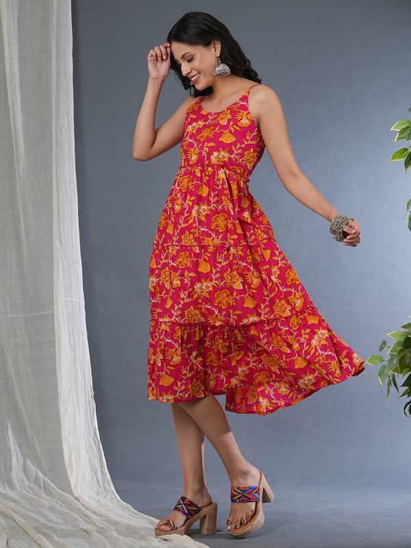 Globus Women Pink Strappy Shoulder Allover Floral Print Gathered Tiered A-Line Fusion Midi Dress