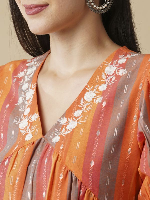 Globus Women Multi Orange Floral Embroidered V-Neck Puff Sleeves Knee Length Tiered Fusion A-Line Dress