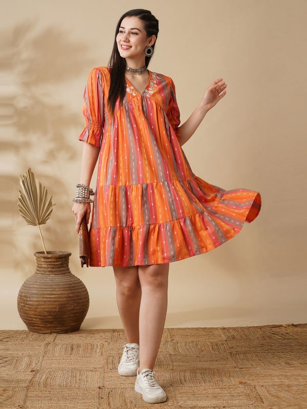 Globus Women Multi Orange Floral Embroidered V-Neck Puff Sleeves Knee Length Tiered Fusion A-Line Dress