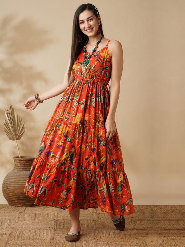 Globus Women Orange All Over Floral Print Strappy Sleeves Waist Tie-Up Fit & Flare Fusion Maxi Dress