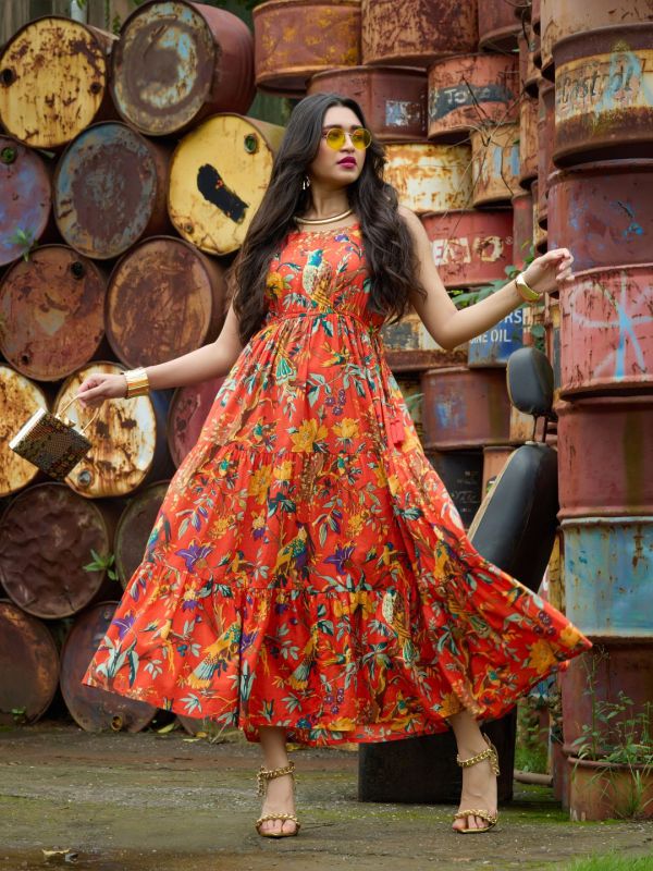 Globus Women Orange All Over Floral Print Strappy Sleeves Waist Tie-Up Fit & Flare Fusion Maxi Dress