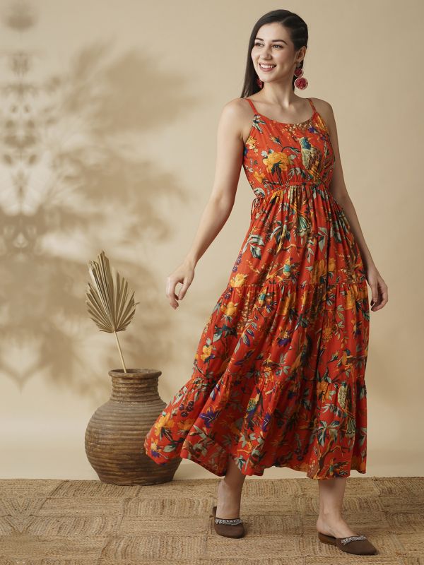 Globus Women Orange All Over Floral Print Strappy Sleeves Waist Tie-Up Fit & Flare Fusion Maxi Dress