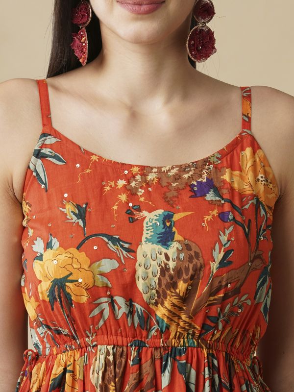 Globus Women Orange All Over Floral Print Strappy Sleeves Waist Tie-Up Fit & Flare Fusion Maxi Dress