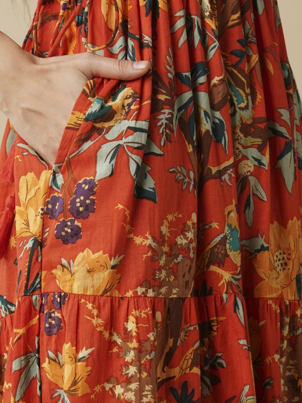 Globus Women Orange All Over Floral Print Strappy Sleeves Waist Tie-Up Fit & Flare Fusion Maxi Dress