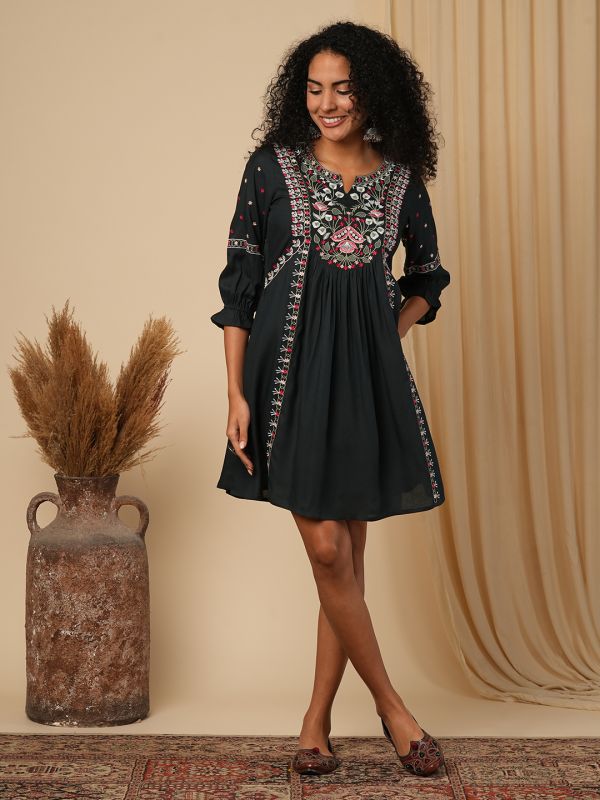 Globus Women Green Floral Embroidered Yoke A-Line Pleated Panelled Mini Fusion Dress