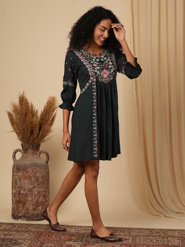 Globus Women Green Floral Embroidered Yoke A-Line Pleated Panelled Mini Fusion Dress