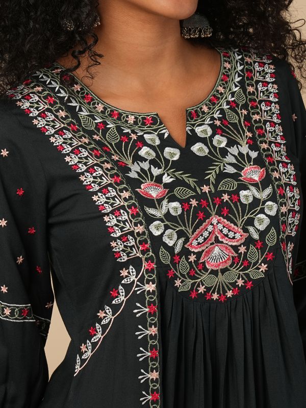 Globus Women Green Floral Embroidered Yoke A-Line Pleated Panelled Mini Fusion Dress