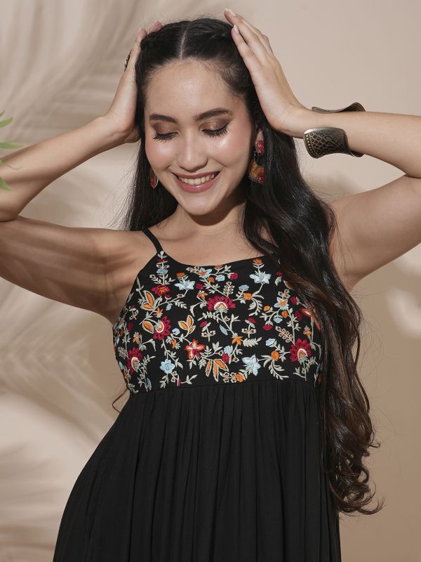 Globus Women Black Floral Embroidered Yoke Strappy Shoulder Smocked Fit & Flare Tiered Midi Fusion Dress