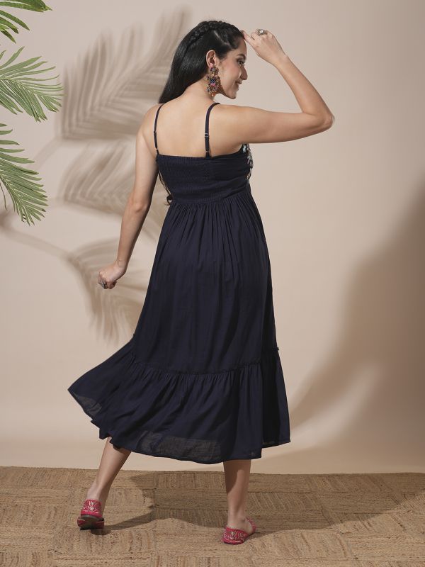 Globus Women Blue Floral Embroidered Yoke Strappy Shoulder Smocked Fit & Flare Tiered Midi Fusion Dress