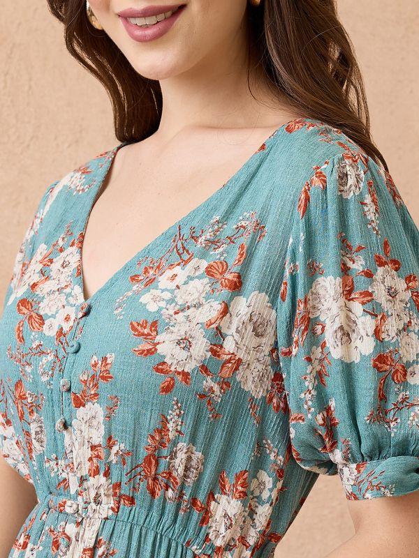 Globus Women Blue Floral Print V-Neck Puff Sleeves Fit and Flare Midi Tiered Fusion Dress
