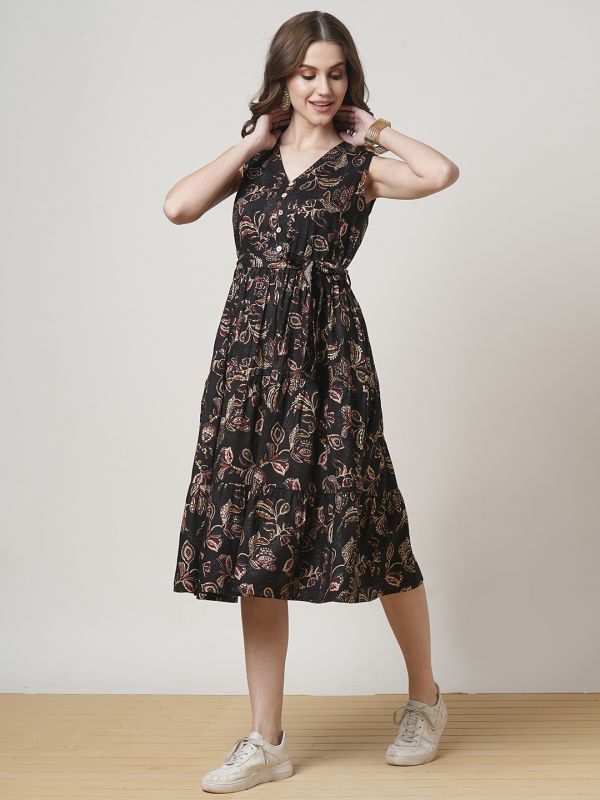 Globus Women Black V-Neck Allover Floral Printed Tiered Midi Fit & Flare Fusion Dress With Belt