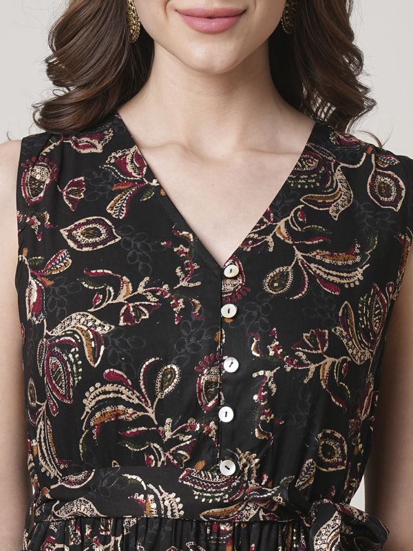 Globus Women Black V-Neck Allover Floral Printed Tiered Midi Fit & Flare Fusion Dress With Belt