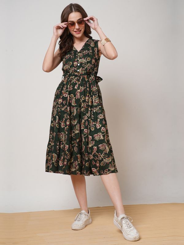 Globus Women Green V-Neck Allover Floral Printed Tiered Midi Fit & Flare Fusion Dress With Belt
