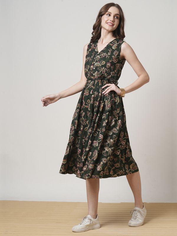 Globus Women Green V-Neck Allover Floral Printed Tiered Midi Fit & Flare Fusion Dress With Belt