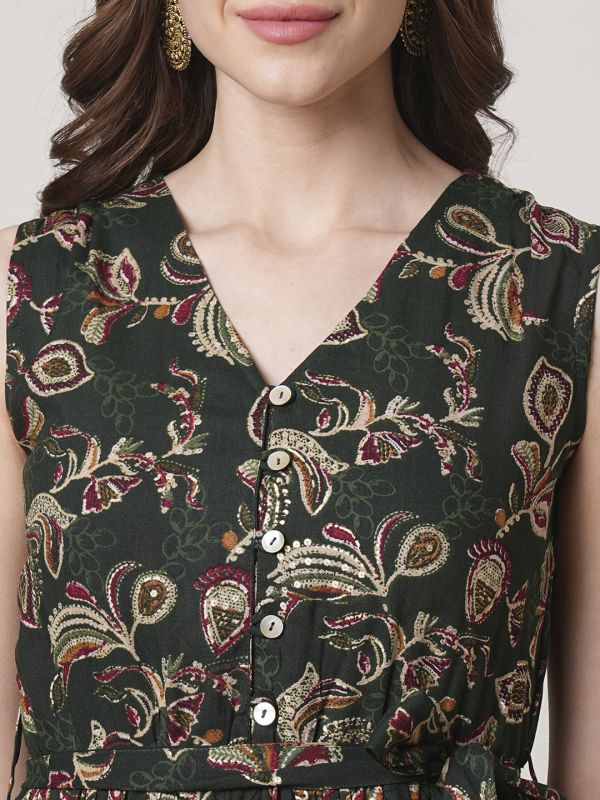Globus Women Green V-Neck Allover Floral Printed Tiered Midi Fit & Flare Fusion Dress With Belt