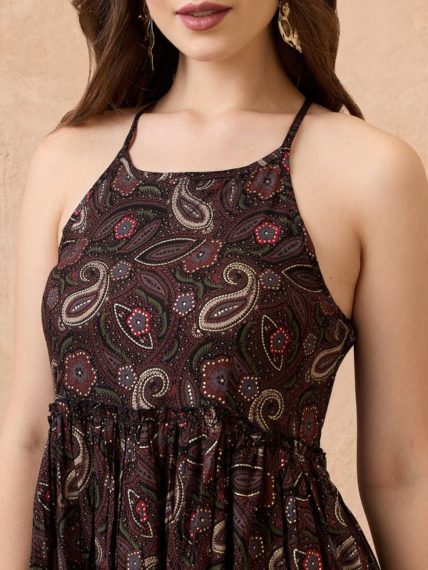 Globus Women Black Floral Print Halter Neck Shoulder Strap Fit and Flare Maxi Fusion Dress