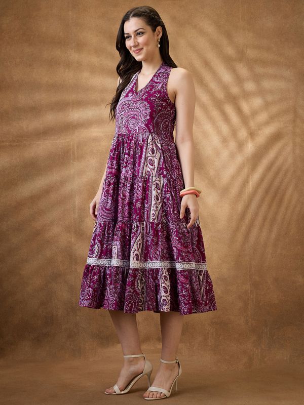Globus Women Purple Paisley Print Halter Neck Fit and Flare Midi Fusion Dress