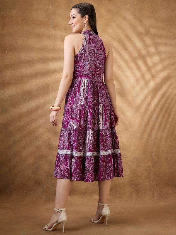 Globus Women Purple Paisley Print Halter Neck Fit and Flare Midi Fusion Dress