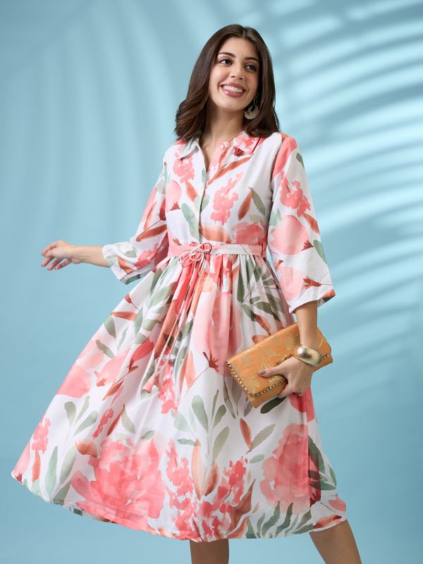 Globus Women White Floral Print Shirt Collar Gathered Fit and Flare Midi Fusion Dress With Belt
