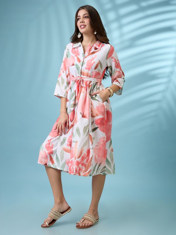 Globus Women White Floral Print Shirt Collar Gathered Fit and Flare Midi Fusion Dress With Belt