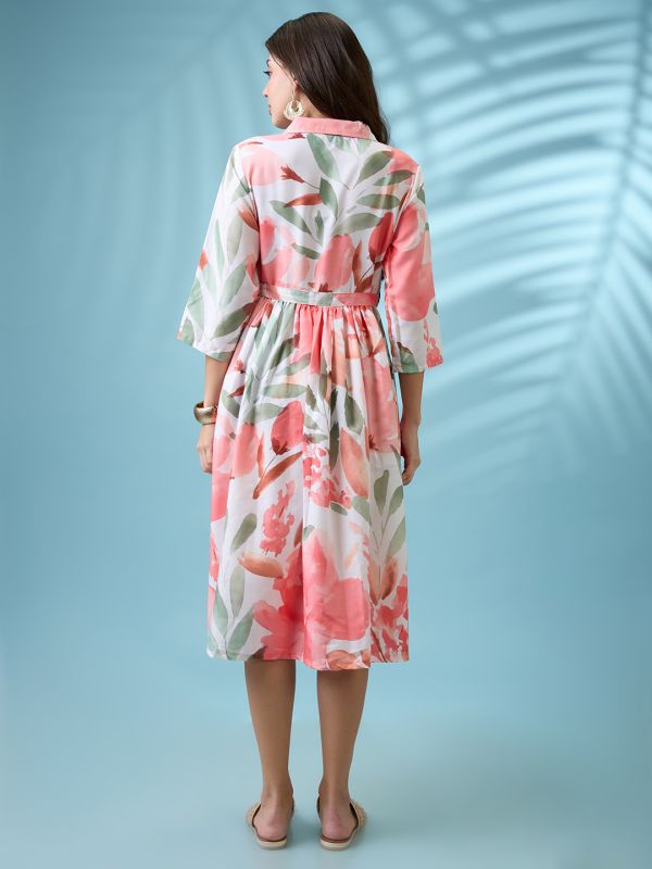 Globus Women White Floral Print Shirt Collar Gathered Fit and Flare Midi Fusion Dress With Belt
