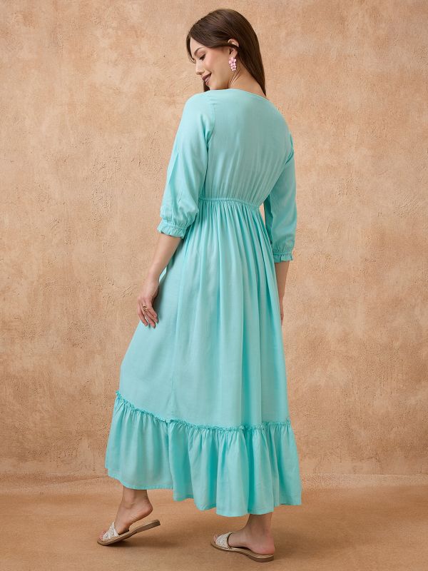 Globus Women Blue V-Neck Floral Embroidered Yoke Fit and Flare Tiered Maxi Fusion Dress