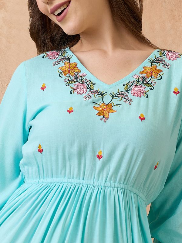 Globus Women Blue V-Neck Floral Embroidered Yoke Fit and Flare Tiered Maxi Fusion Dress
