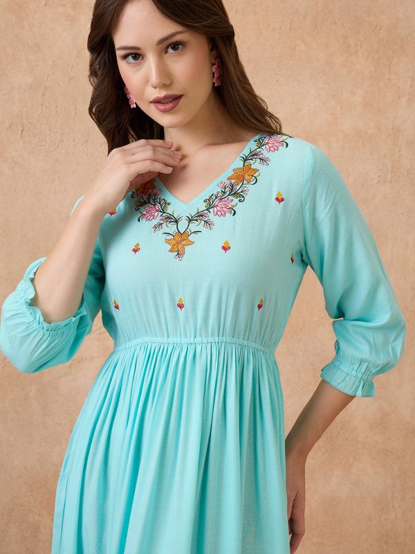 Globus Women Blue V-Neck Floral Embroidered Yoke Fit and Flare Tiered Maxi Fusion Dress