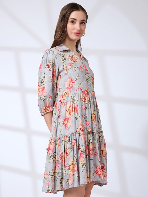 Globus Women Blue Shirt Collar Puff Sleeves Floral Print A-Line Mini Fusion Dress