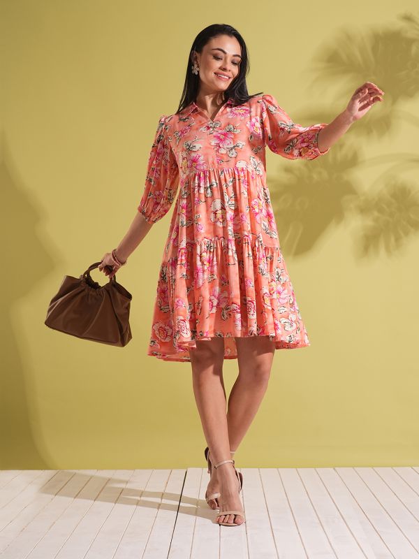 Globus Women Coral Floral Print Shirt Collar Puff Sleeves Tiered Knee Length Fusion Dress 