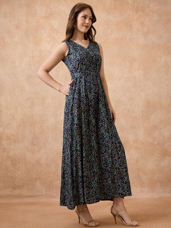 Globus Women Blue V-Neck Ethnic Print Flared Fusion Jumpsuit