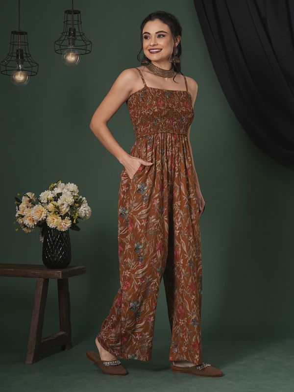 Globus Women Mustard Square Neck Adjustable Strappy Shoulder Smocked Floral Print Fusion Jumpsuit