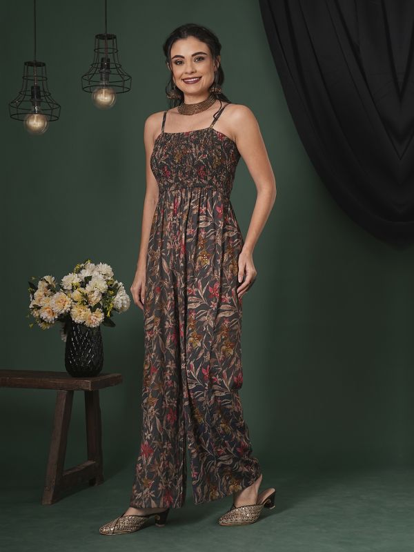 Globus Women Grey Square Neck Adjustable Strappy Shoulder Smocked Floral Print Fusion Jumpsuit