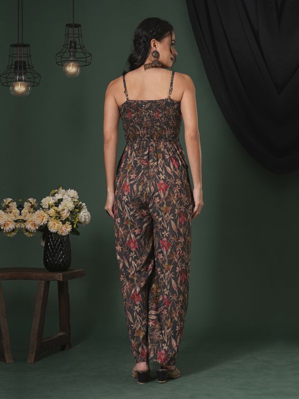 Globus Women Grey Square Neck Adjustable Strappy Shoulder Smocked Floral Print Fusion Jumpsuit