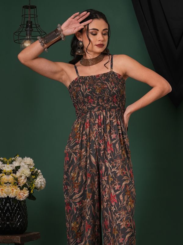 Globus Women Grey Square Neck Adjustable Strappy Shoulder Smocked Floral Print Fusion Jumpsuit