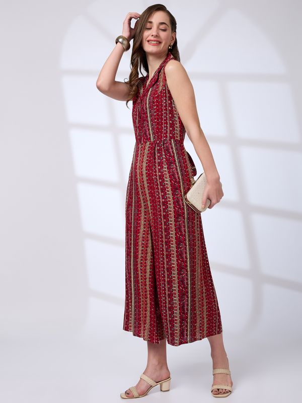 Globus Women Maroon Lapel Collar Floral Printed Waist Tie-Ups Fusion Jumpsuit