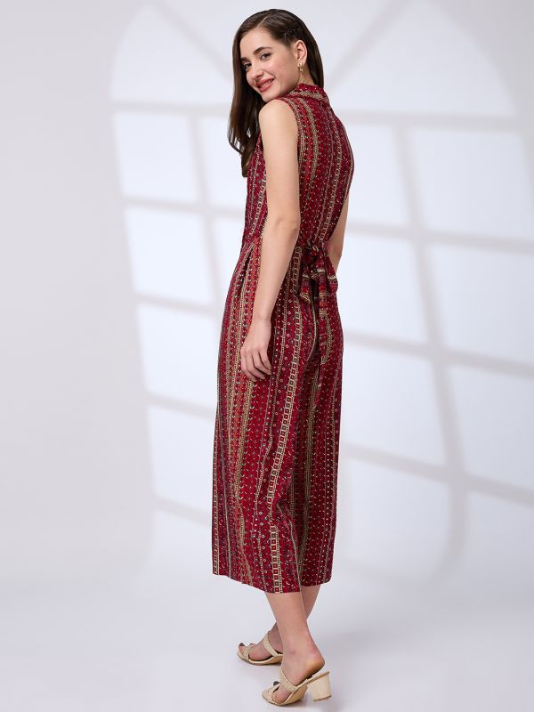Globus Women Maroon Lapel Collar Floral Printed Waist Tie-Ups Fusion Jumpsuit