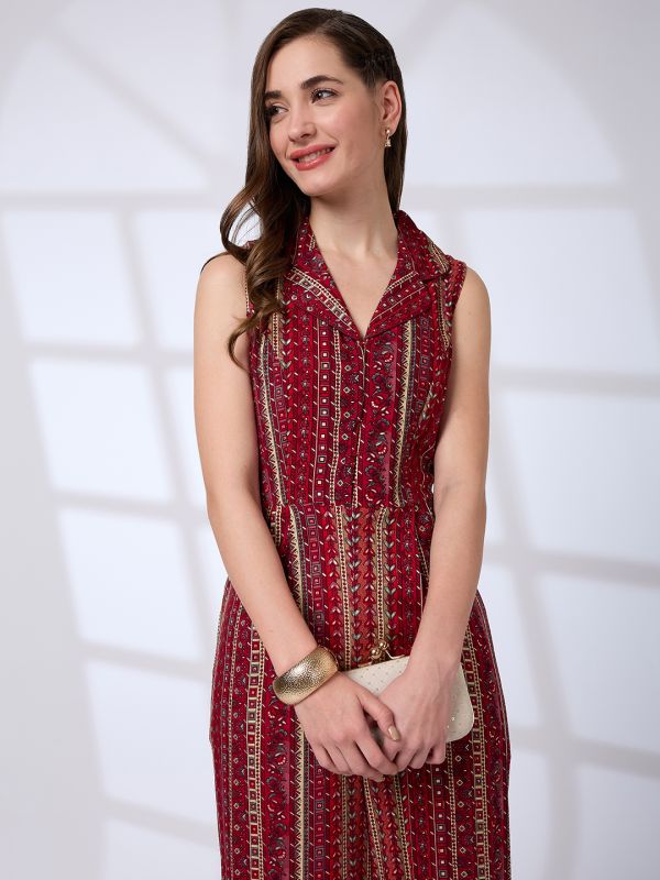 Globus Women Maroon Lapel Collar Floral Printed Waist Tie-Ups Fusion Jumpsuit