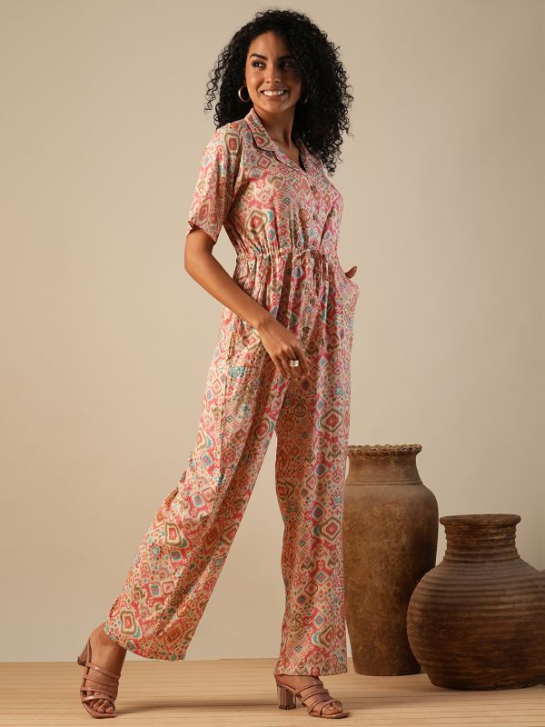 Globus Women Pink Cuban Collar Geometric Print Waist Tie-Ups Fusion Jumpsuit