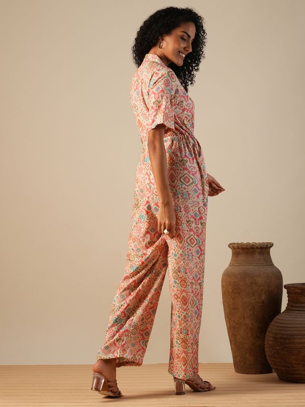 Globus Women Pink Cuban Collar Geometric Print Waist Tie-Ups Fusion Jumpsuit