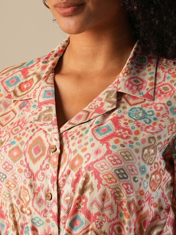 Globus Women Pink Cuban Collar Geometric Print Waist Tie-Ups Fusion Jumpsuit