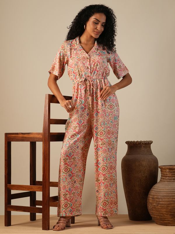 Globus Women Pink Cuban Collar Geometric Print Waist Tie-Ups Fusion Jumpsuit