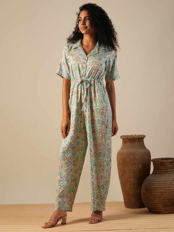 Globus Women Blue Cuban Collar Geometric Print Waist Tie-Ups Fusion Jumpsuit
