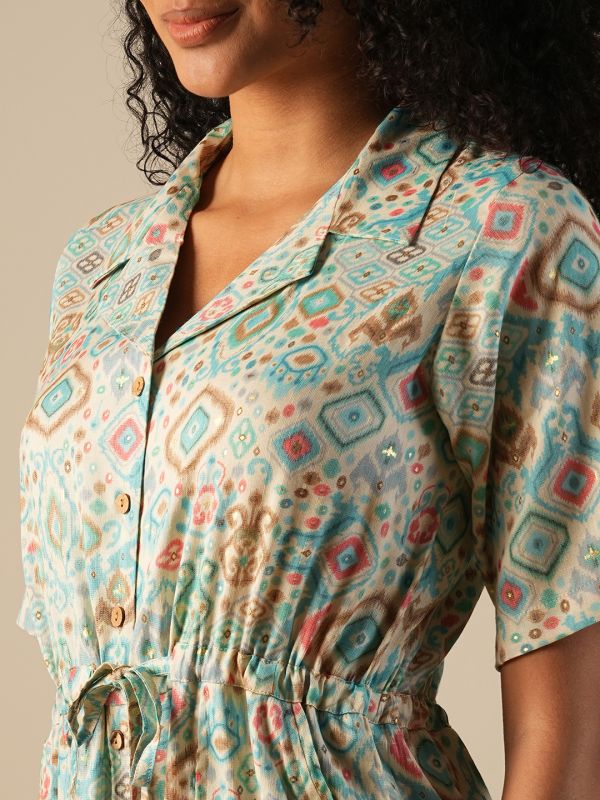 Globus Women Blue Cuban Collar Geometric Print Waist Tie-Ups Fusion Jumpsuit